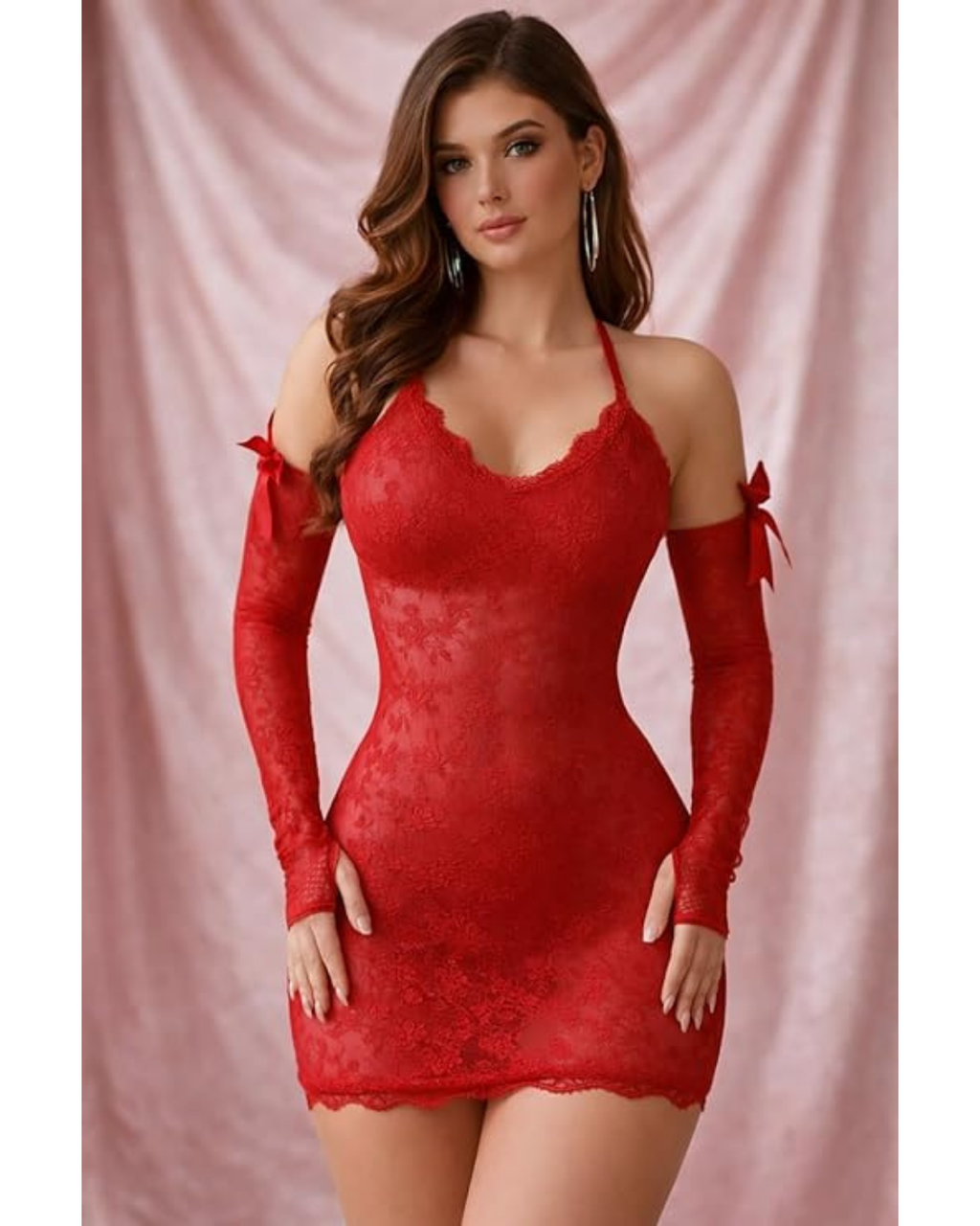 CichCiffon Women’s Red Lace Babydoll Dress
