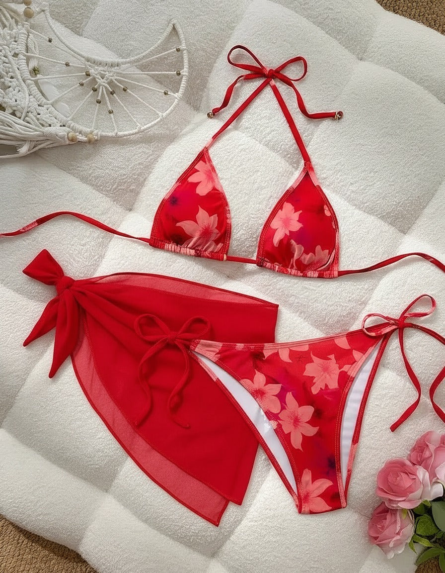 Cichciffon Red Floral Bikini Set with Sarong