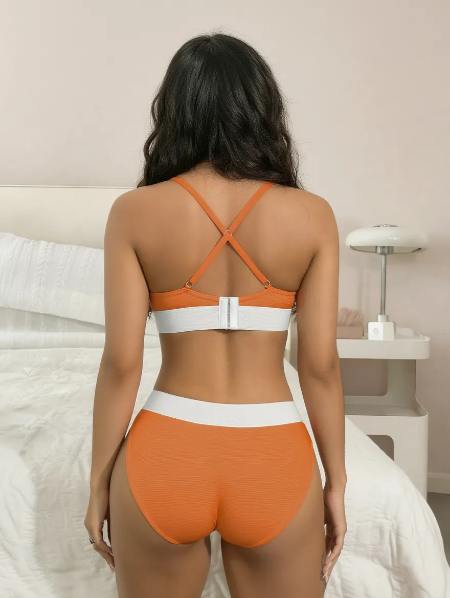 Cichciffon Solid Orange Bralette & Panty Set for Women