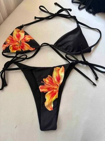 CichCiffon Women’s Black Floral Bikini Set