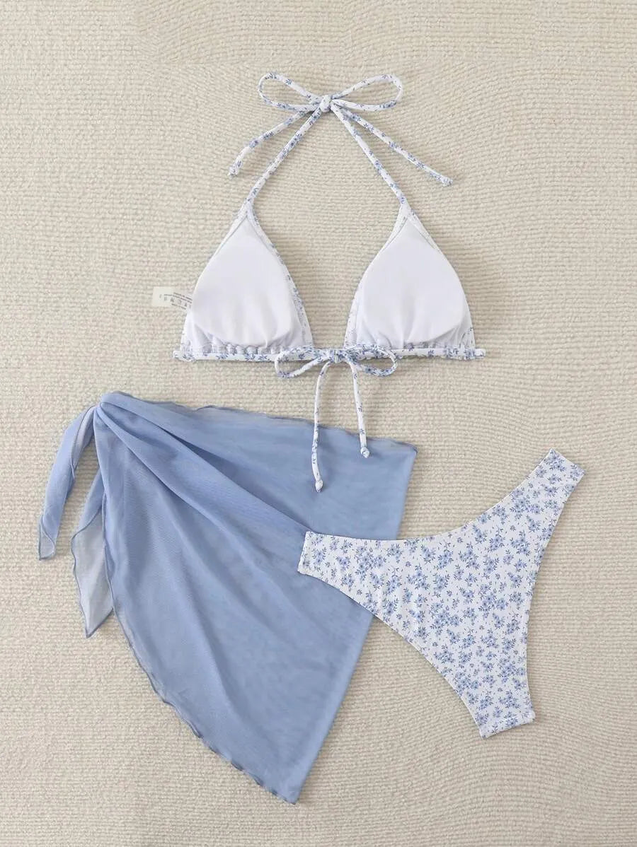 CichCiffon Women’s Floral Bikini Set with Cover-Up Skirt