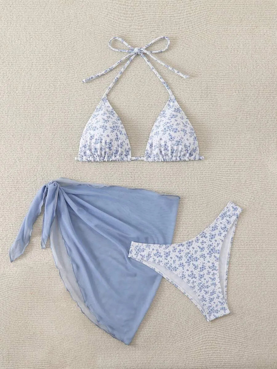 CichCiffon Women’s Floral Bikini Set with Cover-Up Skirt